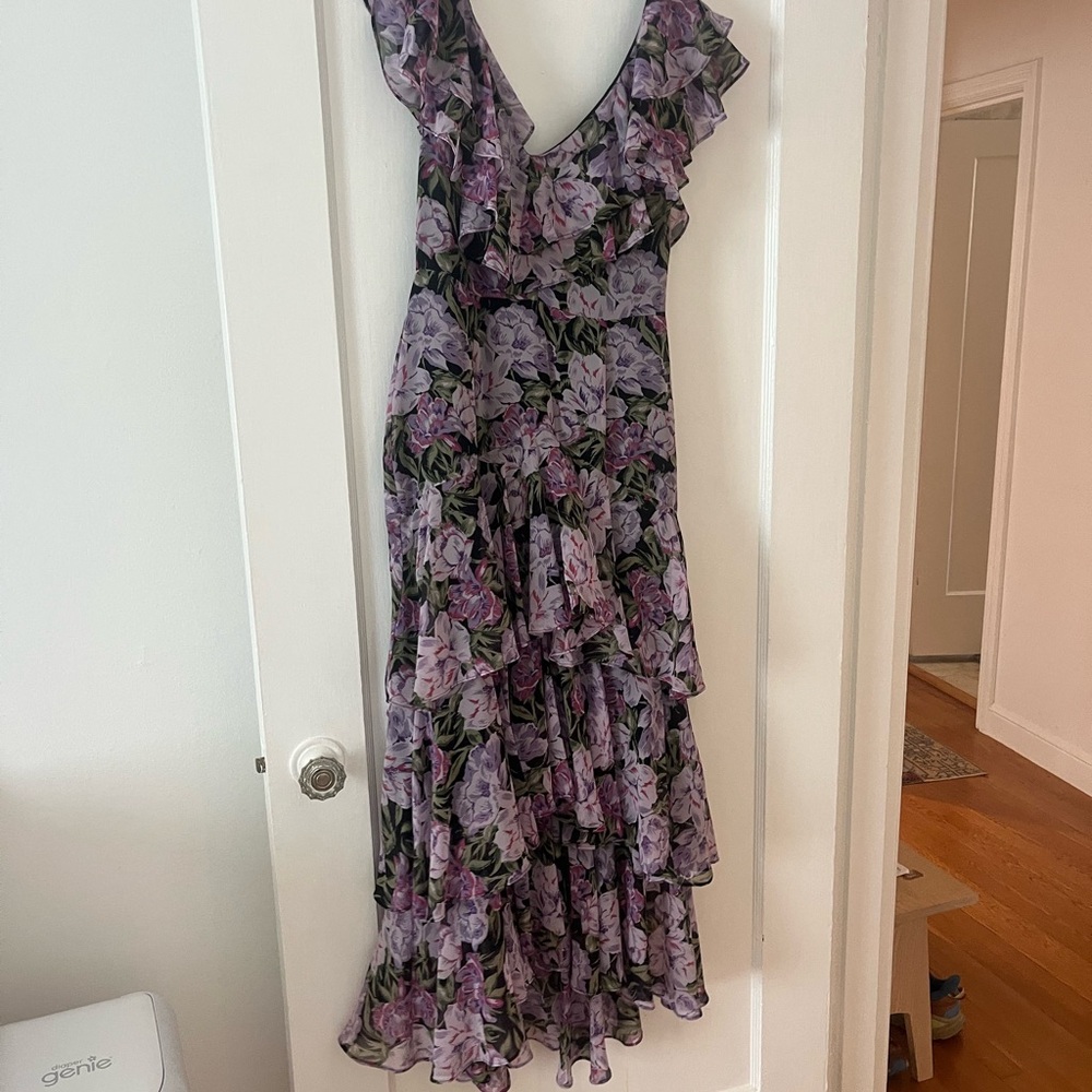 Wayf Lavender Floral Ruffle V-Neck Maxi Dress